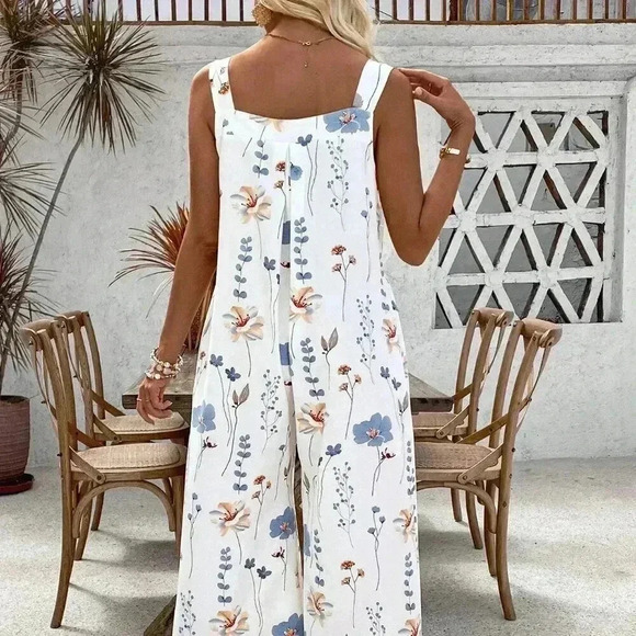 Multicolor White Boho Women's Summer Loose Printed Spaghetti Strap Jumpsuit - Picture 2 of 7